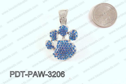 Metal Paw Pendant with Rhinestone Turquoise 32mm PDT-PAW-3206