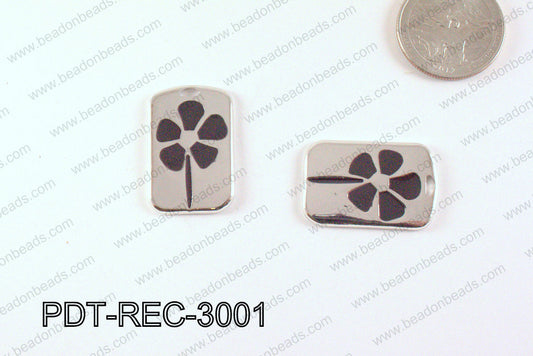 Metal Silver Rectangle Pendant with Black Flower 18x30mm PDT-REC