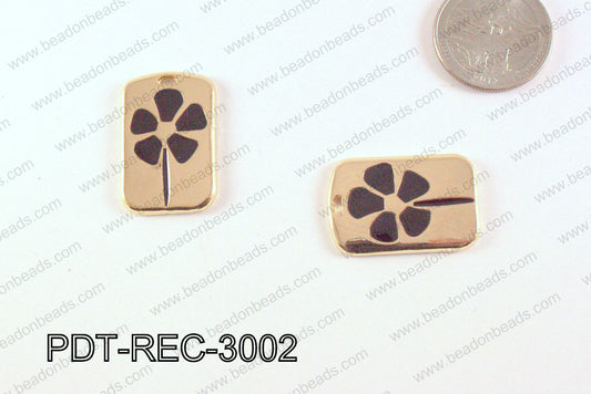 Metal Gold Rectangle Pendant with Black Flower 18x30mm PDT-REC-3