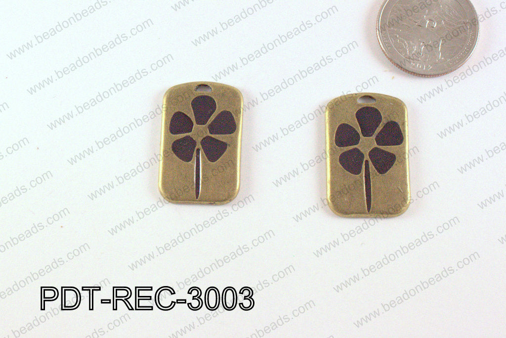 Metal Bronze Rectangle Pendant with Black Flower 18x30mm PDT-REC