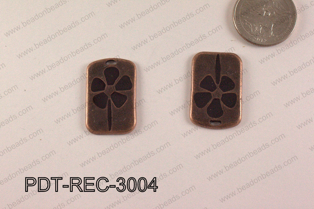 Metal Copper Rectangle Pendant with Black Flower 18x30mm PDT-REC