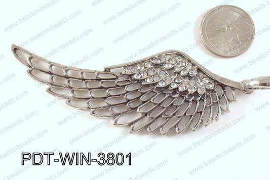 Metal Wing Pendant with Rhinestone Clear 103x38mm PDT-WIN-3801