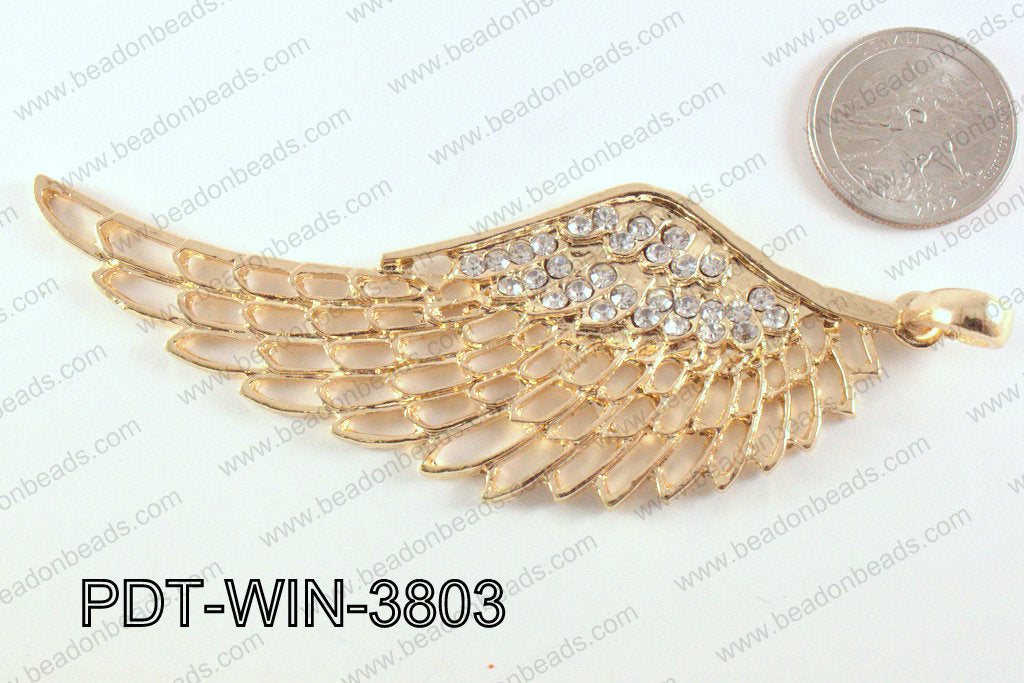 Metal Wing Pendant with Rhinestone Gold 103x38mm PDT-WIN-3803