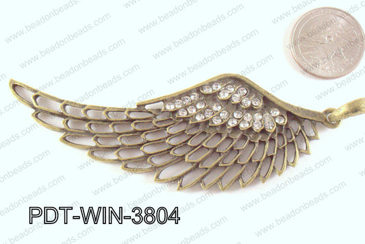 Metal Wing Pendant with Rhinestone Bronze 103x38mm PDT-WIN-3804