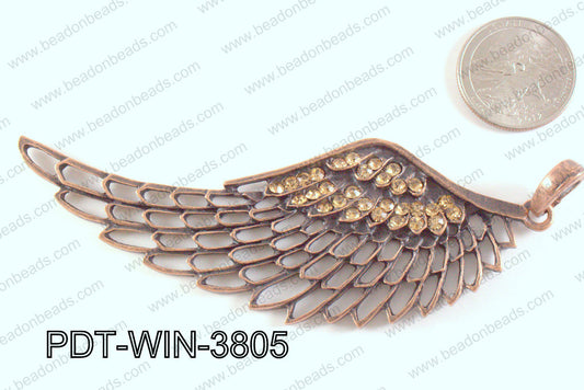 Metal Wing Pendant with Rhinestone Copper 103x38mm PDT-WIN-3805