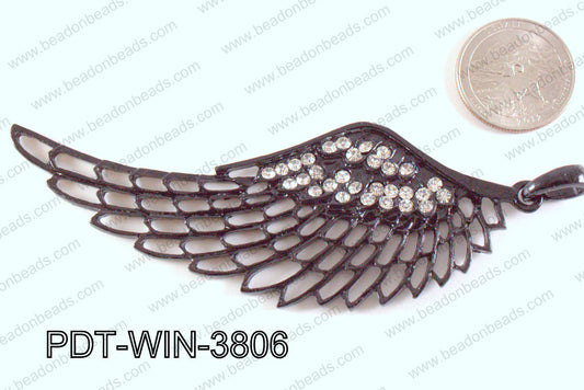 Metal Wing Pendant with Rhinestone Black 103x38mm PDT-WIN-3806