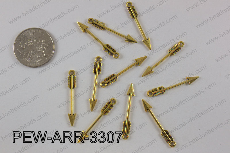Pewter arrow charm 0.5x 33 mm, gold PEW-ARR-3307