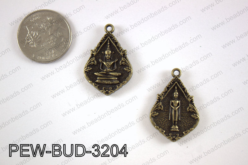 Pewter Thai buddha charm 21x32 mm, brass PEW-BUD-3204