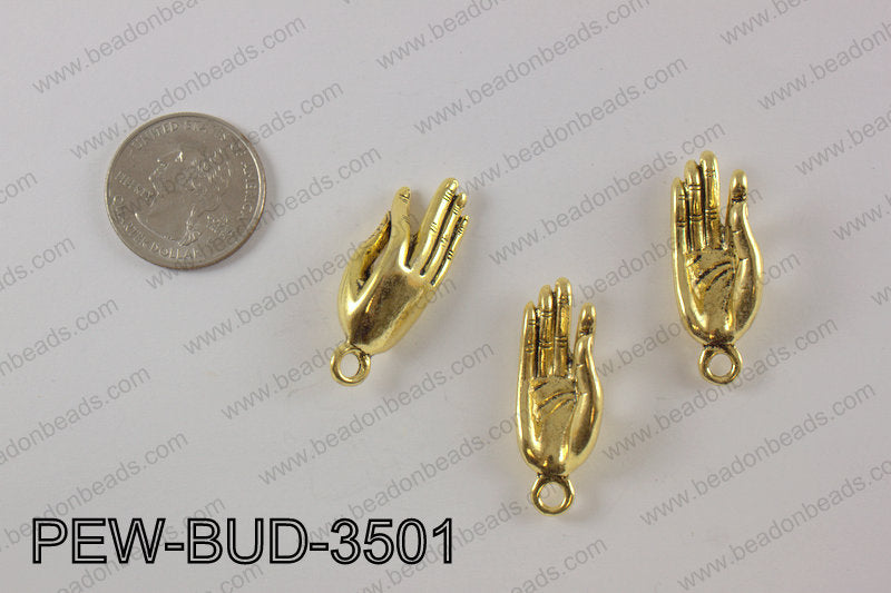 Pewter buddha hand charm 12x35 mm, gold PEW-BUD-3501