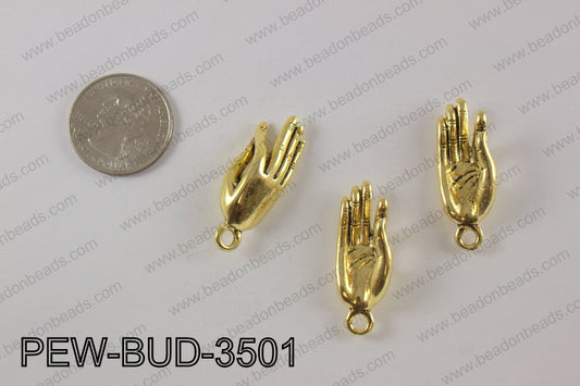 Pewter buddha hand charm 12x35 mm, gold PEW-BUD-3501