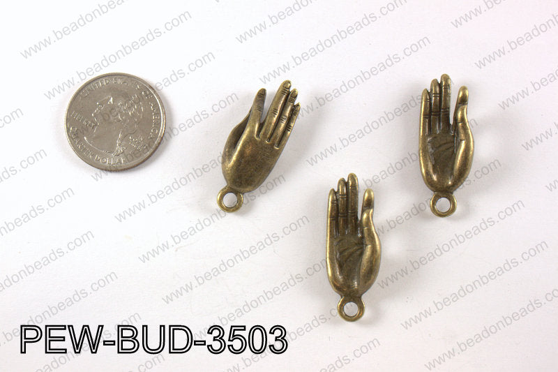 Pewter buddha hand charm 12x35 mm, brass PEW-BUD-3503