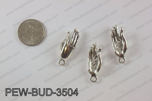 Pewter buddha hand charm 12x35 mm, anti silver PEW-BUD-3504