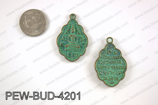 Pewter Thai buddha charm 27x42 mm, patina finish PEW-BUD-4201