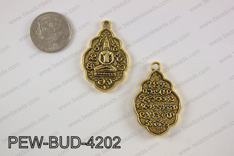 Pewter Thai buddha charm 27x42 mm, gold PEW-BUD-4202