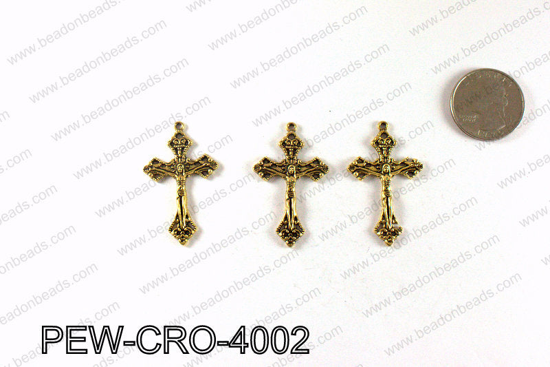 Pewter cross pendant 40x24mm, Gold PEW-CRO-4002