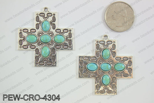Pewter cross pendant w/ howlite 43x43mm, silver PEW-CRO-4304