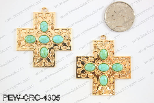 Pewter cross pendant w/ howlite 43x43mm, KC gold PEW-CRO-4305
