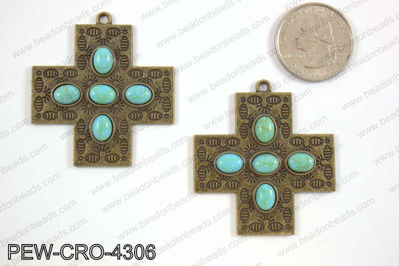 Pewter cross pendant w/ howlite 43x43mm, bronze PEW-CRO-4306