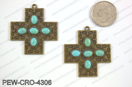 Pewter cross pendant w/ howlite 43x43mm, bronze PEW-CRO-4306