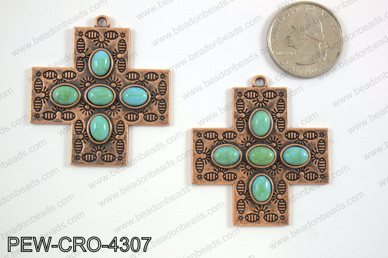 Pewter cross pendant w/ howlite 43x43mm, copper PEW-CRO-4307