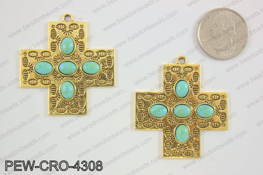 Pewter cross pendant w/ howlite 43x43mm, gold PEW-CRO-4308