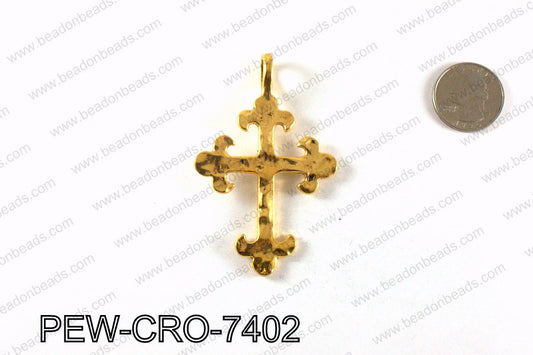 Pewter cross pendant 74x47mm, Gold PEW-CRO-7402