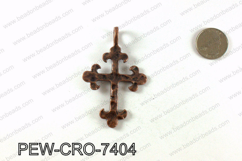 Pewter cross pendant 74x47mm, Copper PEW-CRO-7404