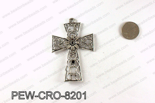 Pewter cross pendant 82x54mm, Silver PEW-CRO-8201