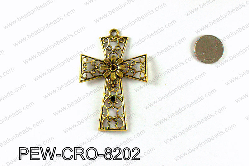 Pewter cross pendant 82x54mm, Gold PEW-CRO-8202