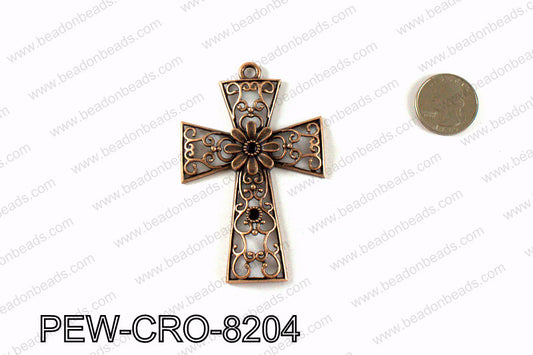 Pewter cross pendant 82x54mm, Copper PEW-CRO-8204