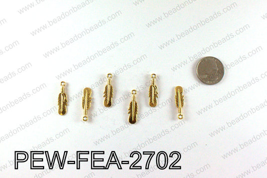Pewter feather charms 27x8mm, Gold PEW-FEA-2702