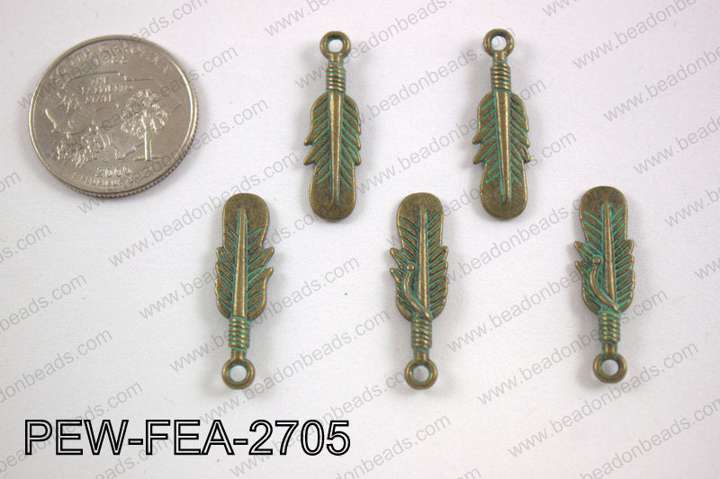 Pewter feather charms 27x8mm, turquoise patina coating PEW-FEA-2