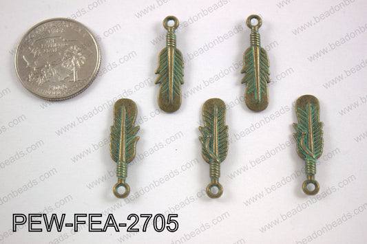 Pewter feather charms 27x8mm, turquoise patina coating PEW-FEA-2