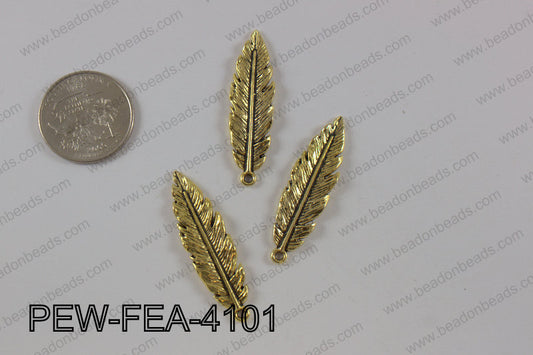 Pewter feather pendant 10x41 mm, gold PEW-FEA-4101