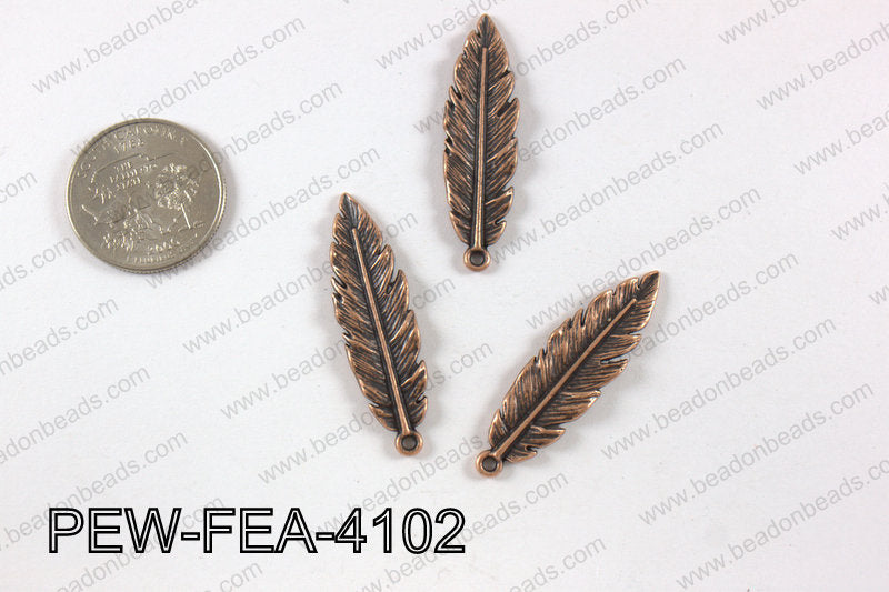 Pewter feather pendant 10x41 mm, copper PEW-FEA-4102