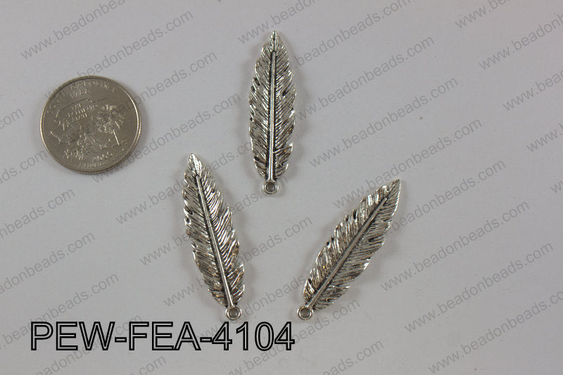 Pewter feather pendant 10x41 mm, silver PEW-FEA-4104