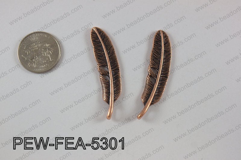 Pewter feather 12x53mm, copper PEW-FEA-5301