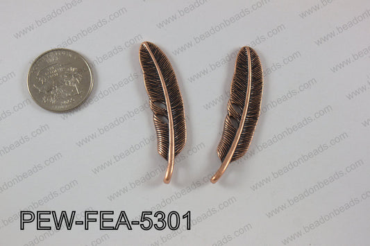 Pewter feather 12x53mm, copper PEW-FEA-5301