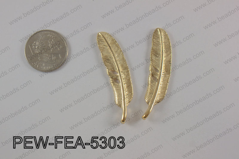Pewter feather 12x53mm, light gold PEW-FEA-5303