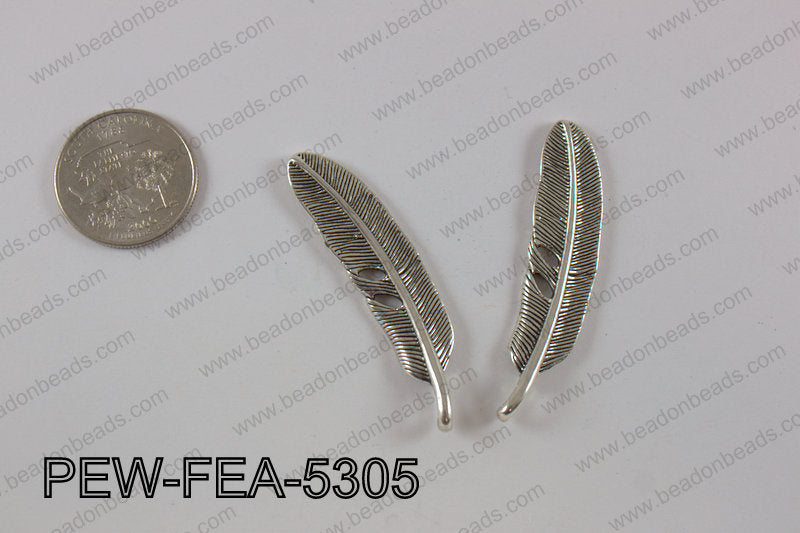 Pewter feather 12x53mm, silver PEW-FEA-5305