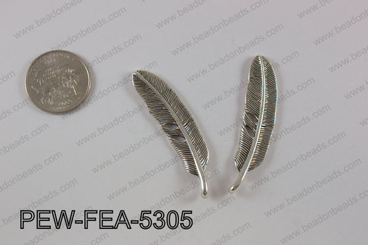 Pewter feather 12x53mm, silver PEW-FEA-5305