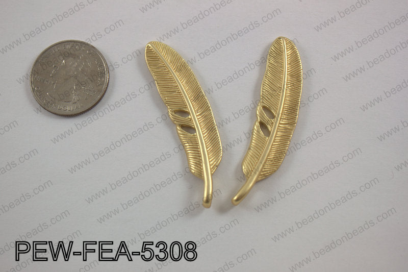 Pewter feather 12x53mm matte gold PEW-FEA-5308