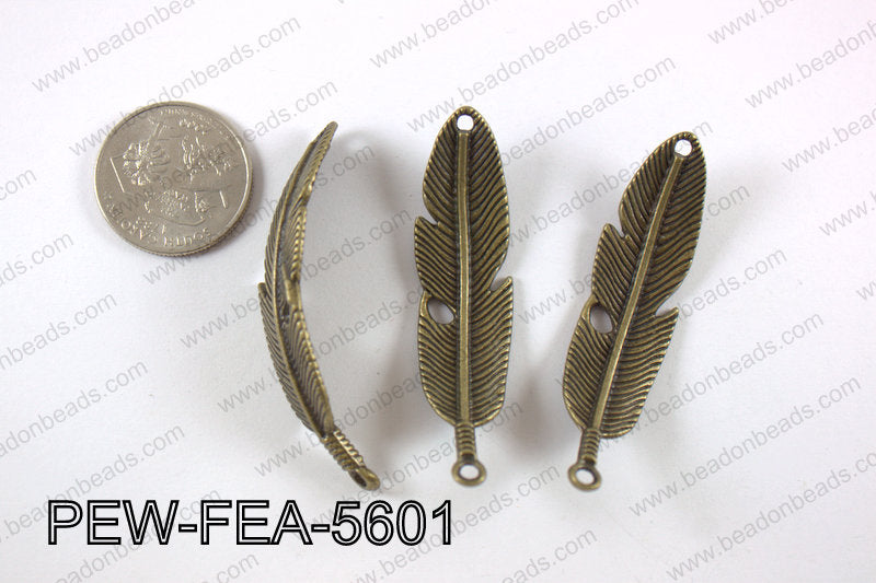 Pewter feather bar connector 15x56mm, brass PEW-FEA-5601