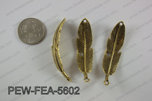 Pewter feather bar connector 15x56mm, gold PEW-FEA-5602