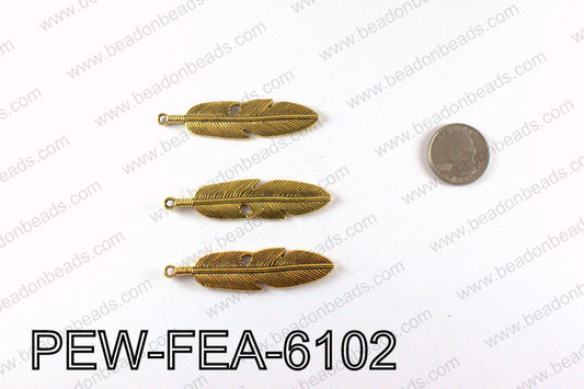 Pewter feather 61x15mm, Gold PEW-FEA-6102