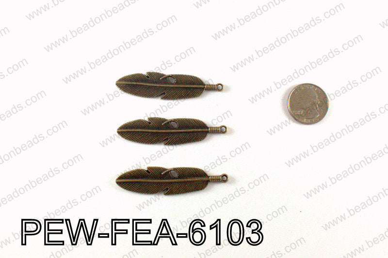 Pewter feather 61x15mm, Bronze PEW-FEA-6103