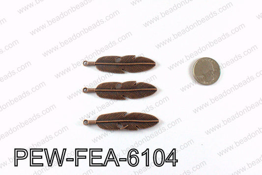 Pewter feather 61x15mm, Copper PEW-FEA-6104
