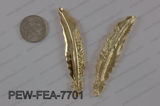 Pewter feather pendant 15x77 mm, light gold PEW-FEA-7701