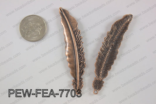 Pewter feather pendant 15x77 mm, copper PEW-FEA-7703