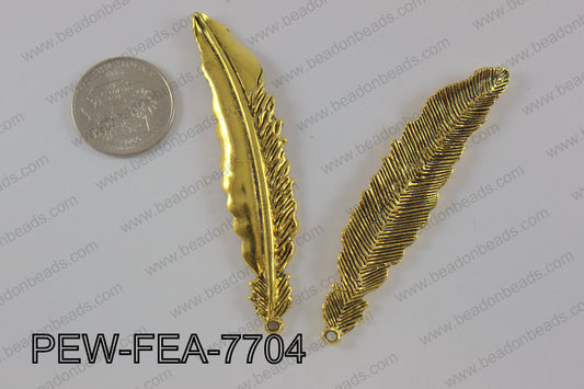 Pewter feather pendant 15x77 mm, gold PEW-FEA-7704